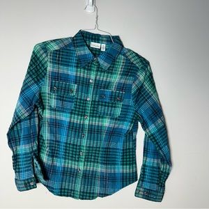 EUC Womens Kim Rogers Petite 8P Long Sleeve Button Up Plaid Shirt Blouse Top